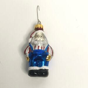 Vintage Glass Santa Claus in Overalls Christmas Ornament Blue Red White Glitter